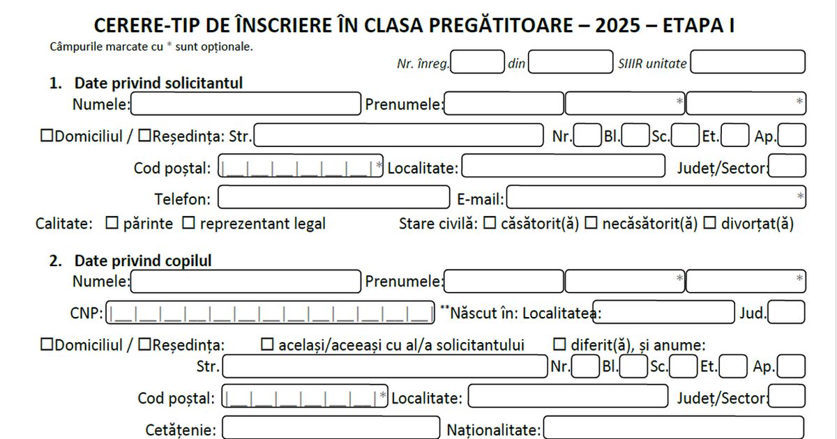 Cerere-tip pentru inscrierea in Clasa pregatitoare 2025: Parintii depun cererea in perioada 31 martie - 6 mai