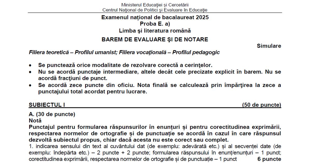 Barem Simulare BAC Romana 2025: cum se rezolvau subiectele