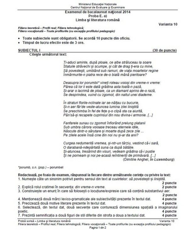 Subiecte bac 2014 limba romana real